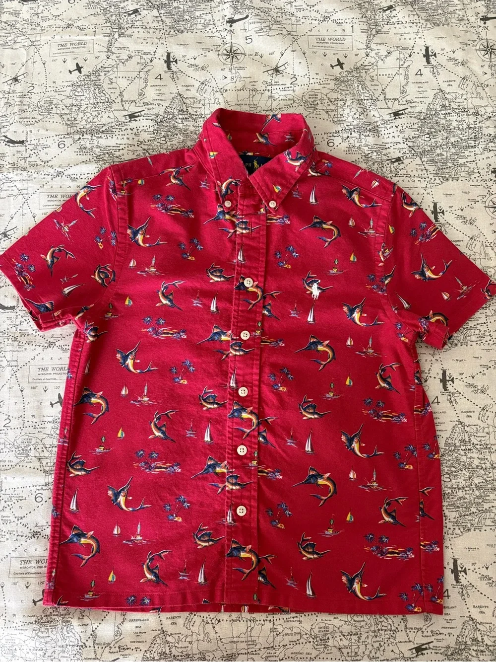 Ralph Lauren Navy Short-Sleeve Button-Down with White Sailboat Print